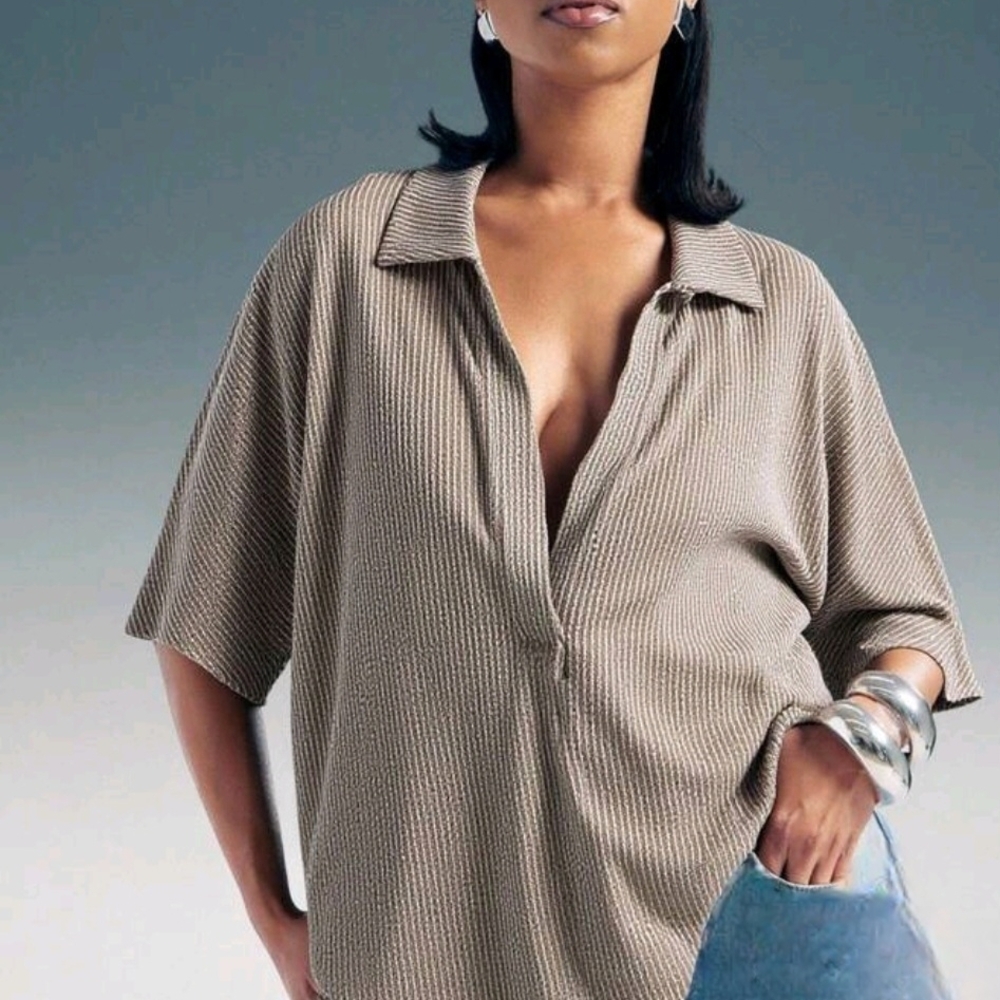 SHEIN Taupe Ribbed Short Sleeve Collared Tunic
